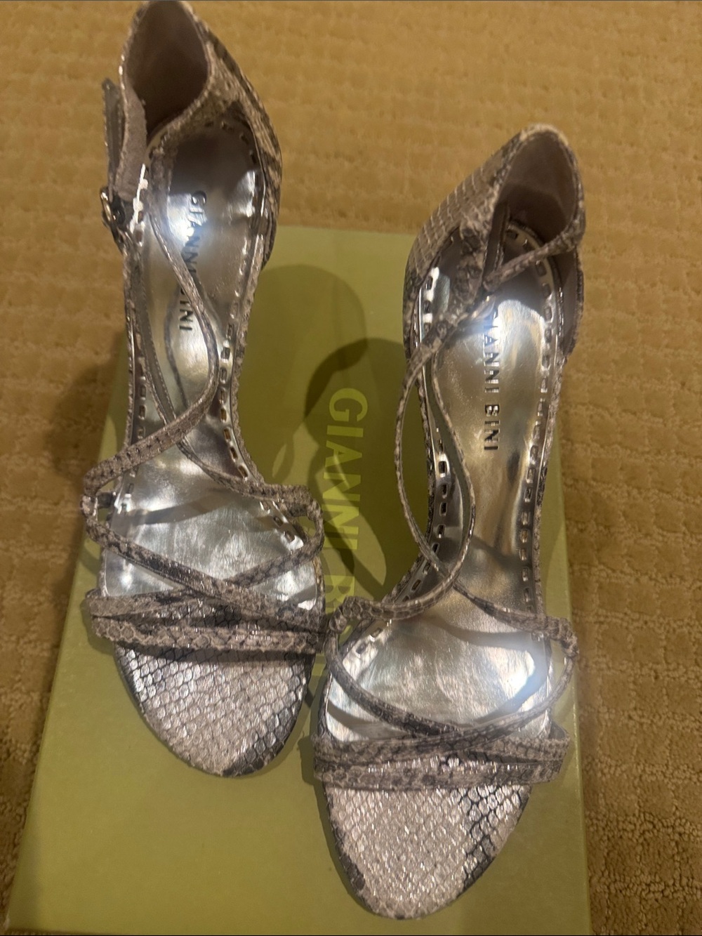 Gianni Bini Metallic Taupe Snake-Print Strappy Heels